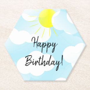 Sunny Blue Summer Sky with Clouds Birthday Wishes Paper Coaster