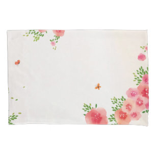 Sunny Blush Pink Flowers Butterfly Watercolor Pillowcase