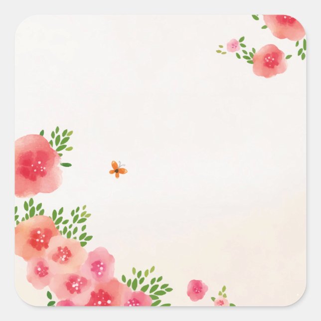 Sunny Blush Pink Flowers Butterfly Watercolor Square Sticker (Front)