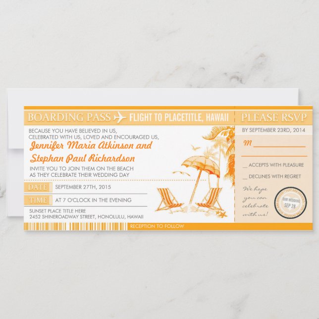 sunny boarding pass tickets wedding invitations (Front)