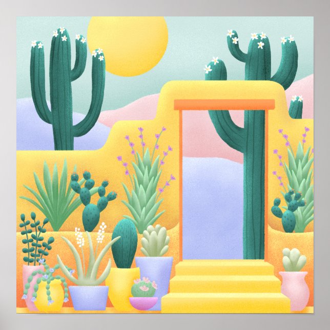 Sunny Cactus Garden Desert Landscape Illustration Poster (Front)