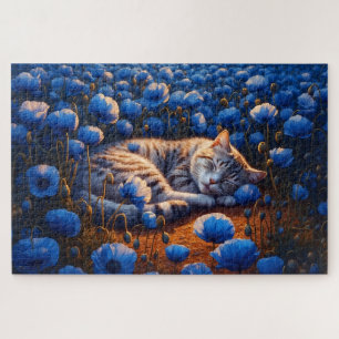 Sunny cat color sleep floral blue cute nature  jigsaw puzzle