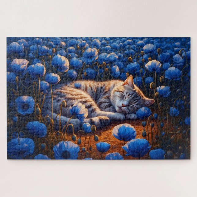 Sunny cat colour sleep floral blue cute nature  jigsaw puzzle (Horizontal)