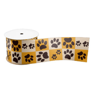 Sunny Cat Paw Print Checkerboard Satin Ribbon