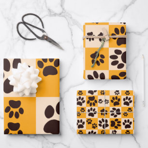 Sunny Cat Paw Print Checkerboard Wrapping Paper Sheet