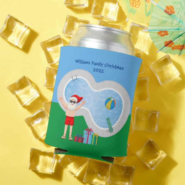 Sunny Christmas Santa Claus Cute Custom Pool Party Can Cooler (In Situ Summer)