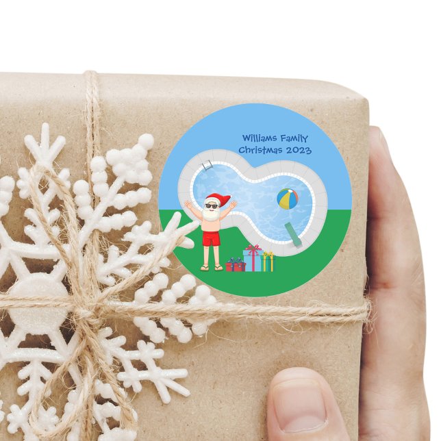 Sunny Christmas Santa Claus Cute Custom Pool Party Classic Round Sticker (Creator Uploaded)