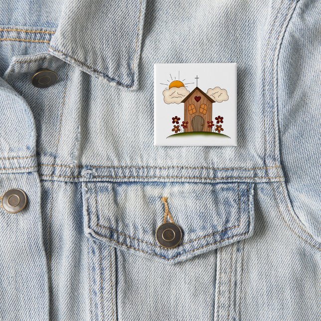 Sunny Church With Flowers Rustic Country Charm  15 Cm Square Badge (Creator Uploaded)