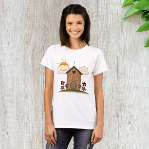 Sunny Church With Flowers Rustic Country Charm  T-Shirt