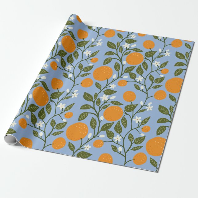 Sunny Citrus Oranges Grove Pattern Wrapping Paper (Unrolled)