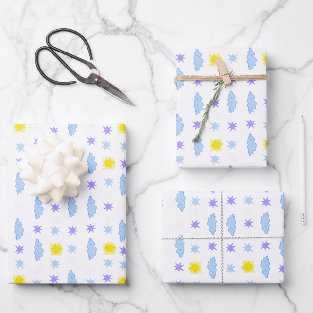 Sunny, Cloudy, Starry Weather Pattern Wrapping Paper Sheet (Front)