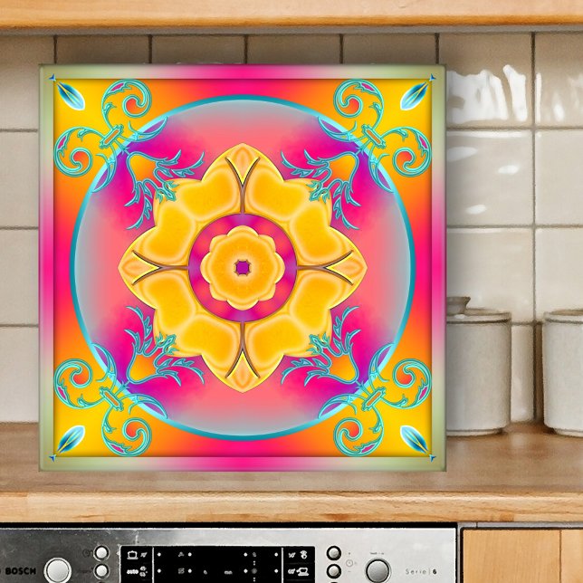 Sunny Colourful Floral Kitchen or Bathroom Tile (Exotic design kitchen or bathroom tile featuring a colorful abstract geometric floral pattern)
