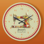 Sunny Crazy Quilt Sewing Room Wall Clock<br><div class="desc">This unique sewing themed wall clock is printed with a vintage sewing machine image pieced and stitched with bright faux fabric scraps in yellows,  golds,  orange hues. Personalize the text in the easy Zazzle editor for your favorite sewing or quilting enthusiast.</div>