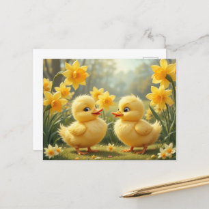 Sunny Duckling Duo Among Daffodils Postcard