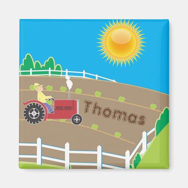 Sunny Farm Tractor Kids Personalised Magnet (Front)