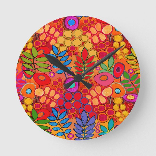 Sunny Garden Flowers - Red Yellow Orange Round Clock (Front)
