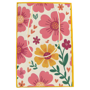 Sunny Garden: Pink Daisy & Heart Botanical Pattern Medium Gift Bag