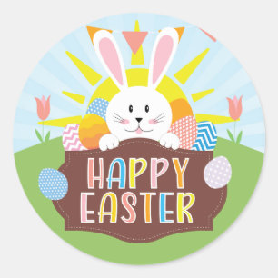 Sunny Happy Easter Bunny & Colourful Eggs Holiday Classic Round Sticker