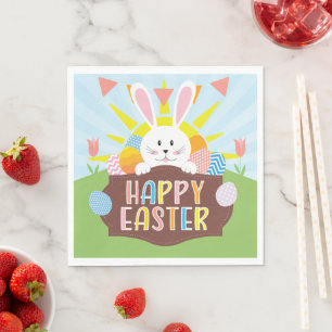 Sunny Happy Easter Bunny & Colourful Eggs Holiday Napkin