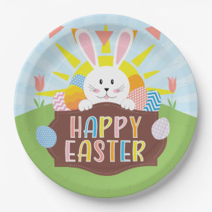 Sunny Happy Easter Bunny & Colourful Eggs Holiday Paper Plate