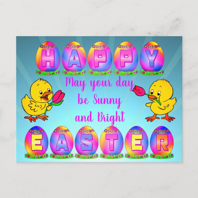 Sunny Happy Easter Eggs Greeting Chicken & Tulip Postcard (Front)