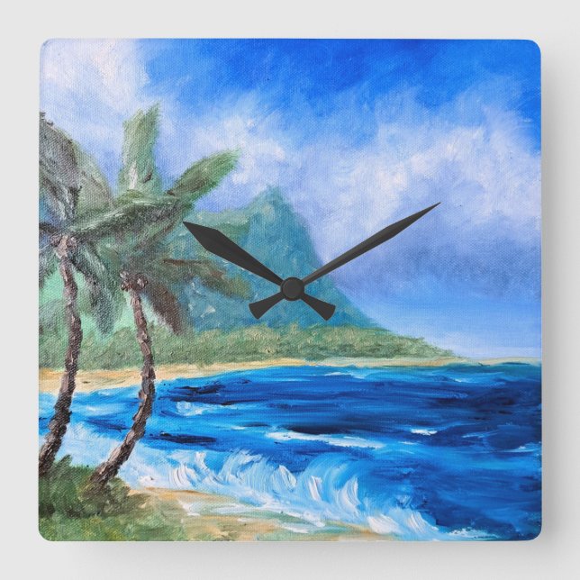 Sunny Hawaii Beach Painting Tropical Paradise Palm Square Wall Clock (Front)