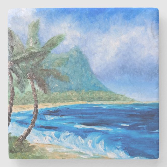 Sunny Hawaii Beach Painting Tropical Paradise Palm Stone Coaster (Front)