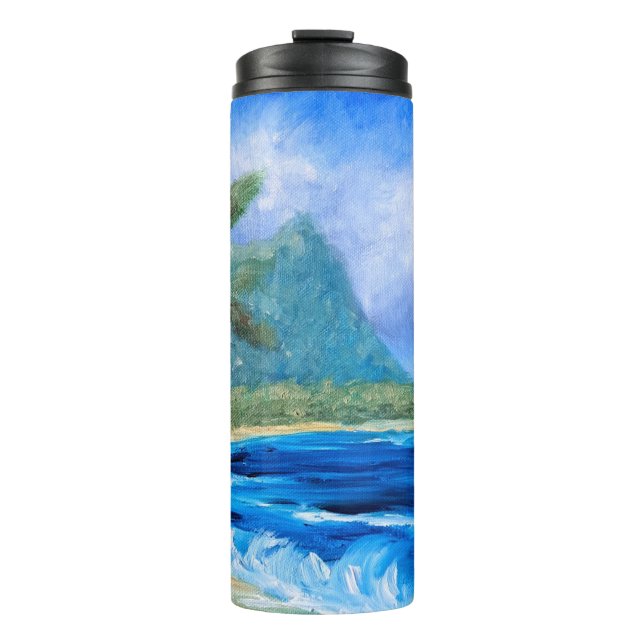 Sunny Hawaii Beach Painting Tropical Paradise Palm Thermal Tumbler (Front)