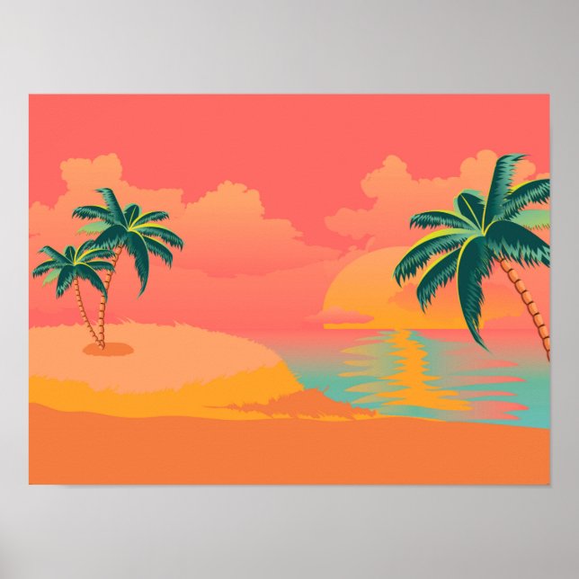 Sunny island with palm trees at sunrise design poster (Front)