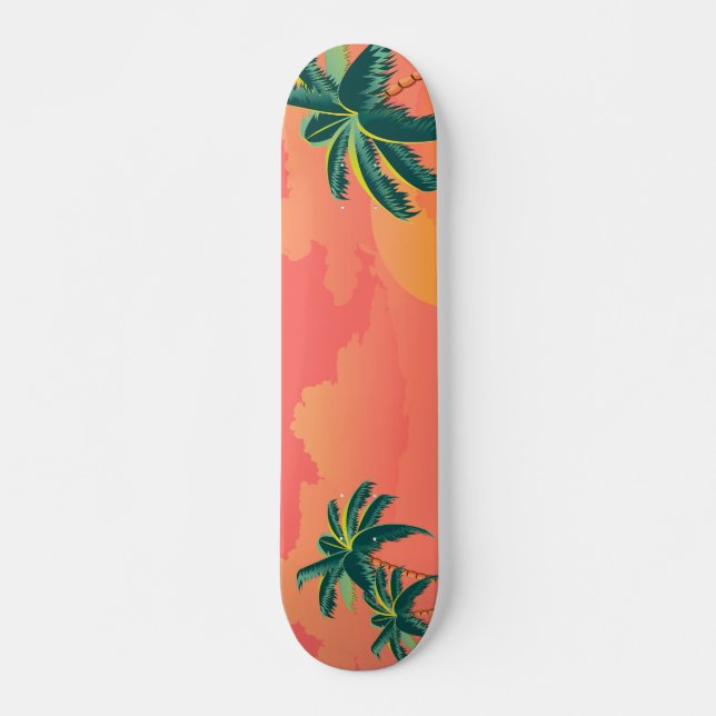 Sunny island with palm trees at sunrise design skateboard (Front)