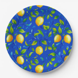 Sunny Italian garden lemons. Blue sky. Paper Plate