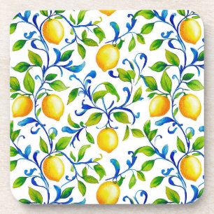 Sunny Italian garden lemons with blue swirls Coaster