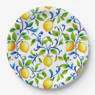 Sunny Italian garden lemons with blue swirls Paper Plate