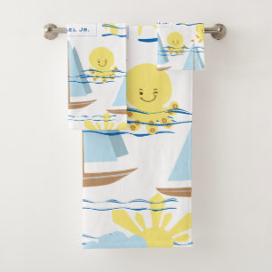 Sunny Kids Pattern, Boat, Octopus and Sun Clipart Bath Towel Set