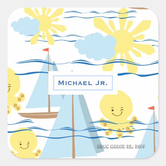 Sunny Kids Pattern, Boat, Octopus and Sun Clipart Square Sticker (Front)