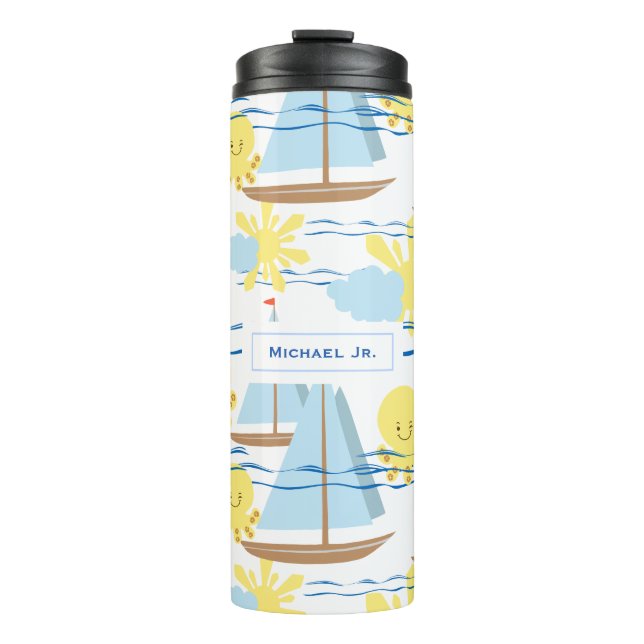 Sunny Kids Pattern, Boat, Octopus and Sun Clipart Thermal Tumbler (Front)