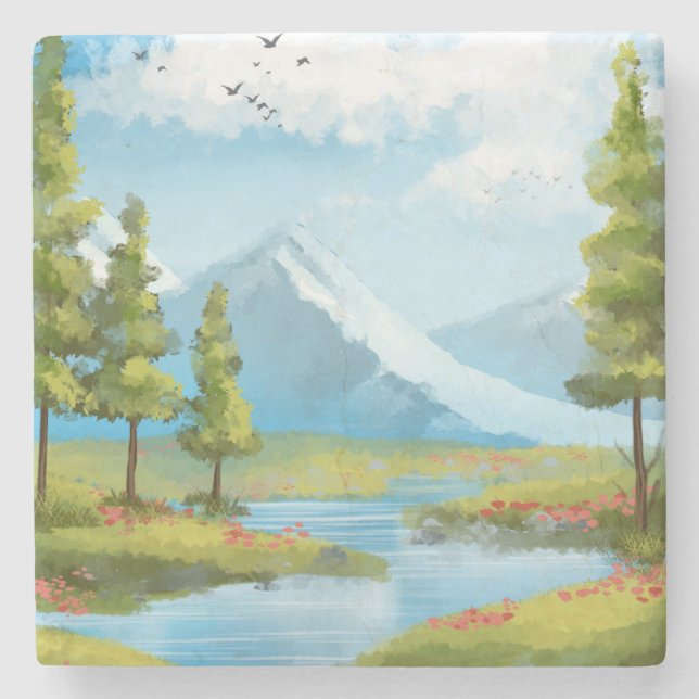Sunny landscape with mountains stone coaster (Front)