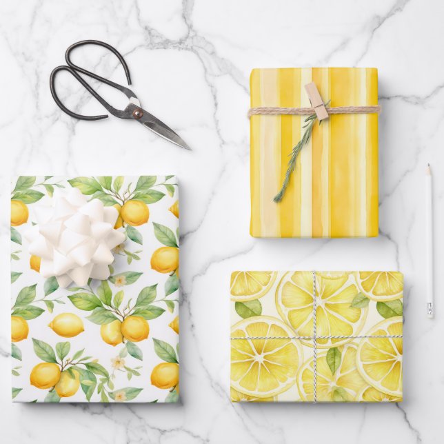 Sunny Lemon Delight Watercolor Wrapping Paper Sheet (Front)