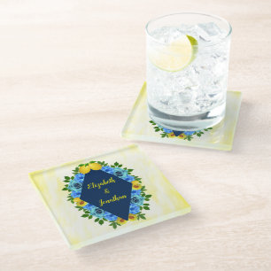 Sunny Lemon Floral Wedding Glass Coaster