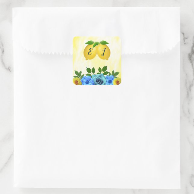 Sunny Lemon Floral Wedding Square Sticker (Bag)