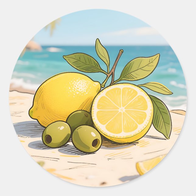 Sunny Lemon Olive Beachside Fresh Classic Round Sticker (Front)