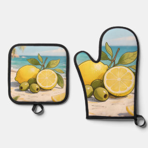 Sunny Lemon Olive Beachside Fresh Oven Mitt & Pot Holder Set