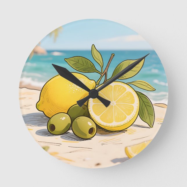 Sunny Lemon Olive Beachside Fresh Round Clock (Front)