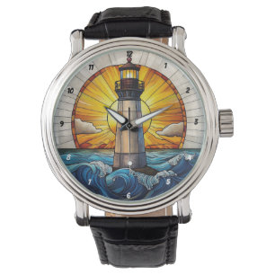 Sunny Lighthouse Waves Stained Glass Watch