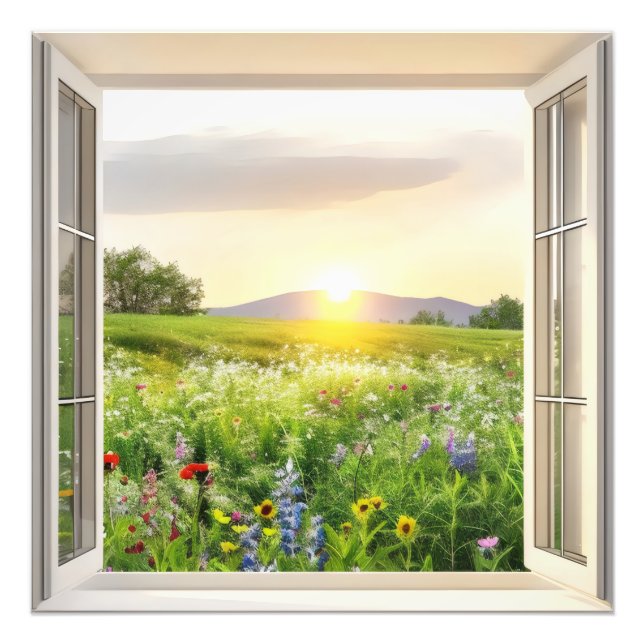 Sunny Meadow Window View Photo Print (Front)