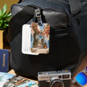 Sunny Mediterranean Alleyway with Blue Doors Luggage Tag