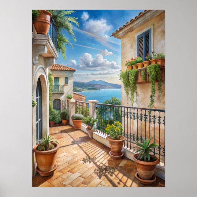 Sunny Mediterranean Balcony Sea View Art Poster (Front)