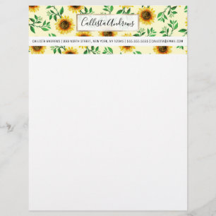 Sunny Neon Pastel Yellow Sunflowers Leaves Pattern Custom Letterhead