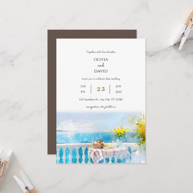  Sunny Ocean View Breakfast Balcony Beach Wedding  Invitation (Front/Back In Situ)