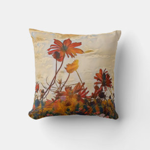 Sunny Orange Cosmos Flowers Impressionist Style Cushion
